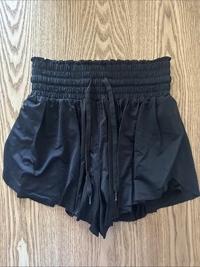 Black Smocked High-Waist Athletic Shorts with Drawstring